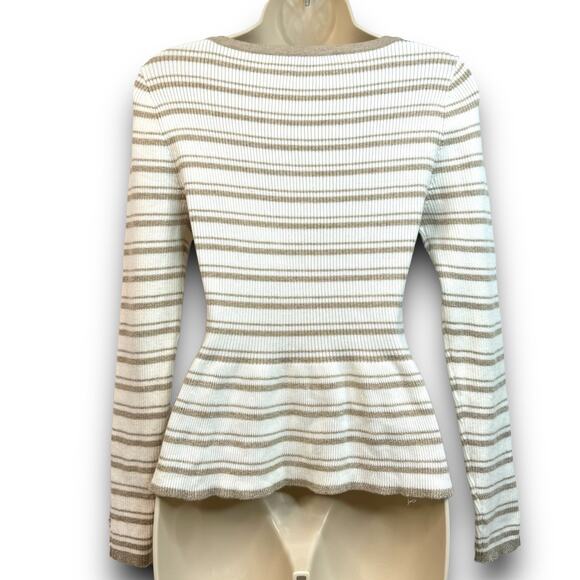 White House Black Market Cream Tan Striped Peplum Ribbed Knit Sweater Size Small - Picture 6 of 8